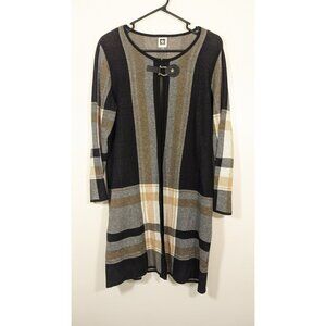 Anne Klein Large Buckle Front Tunic Cardigan Open Sweater Plaid Black Beige